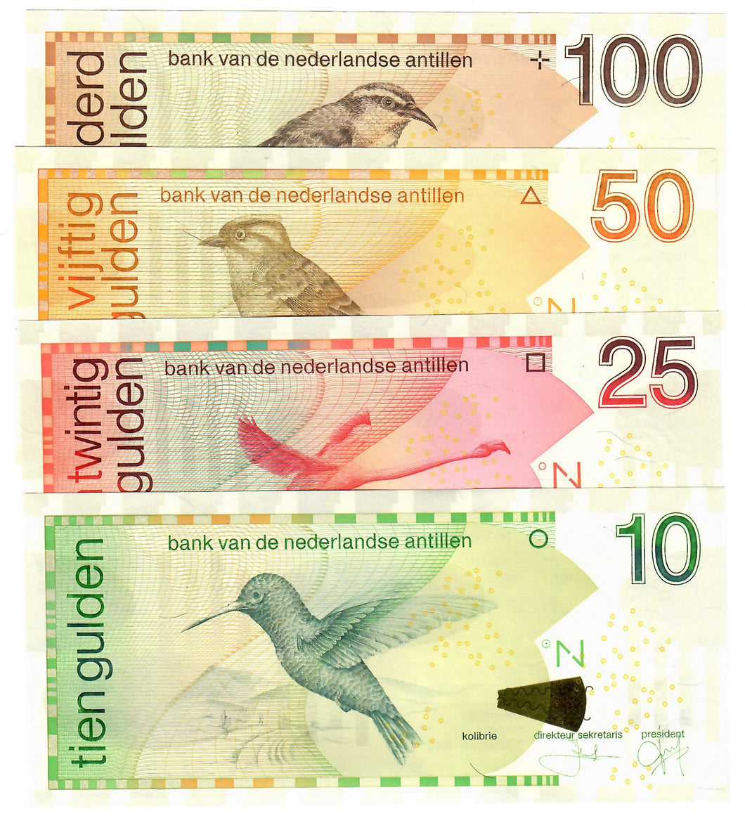 FULL SET Netherlands Antilles 10, 25, 50 & 100 Guilders (Gulden) 2011-2016 UNC