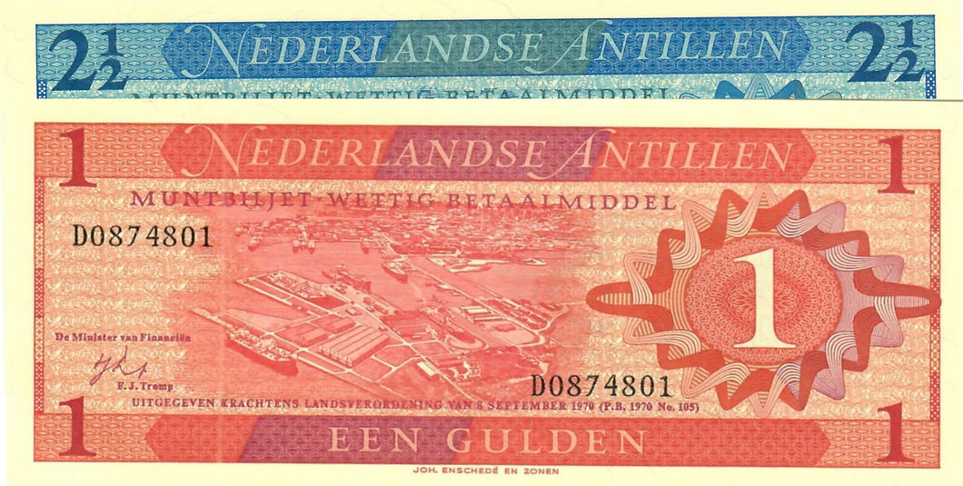 SET Netherlands Antilles 1 & 2.50 Guilders (Gulden) 1970 UNC