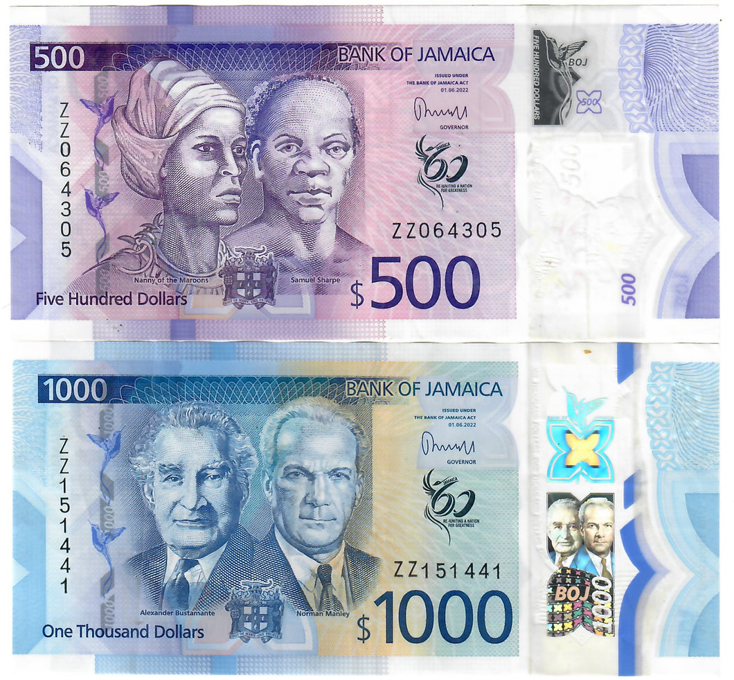 SET Jamaica 500 & 1000 Dollars 2022 (2023) VF 
