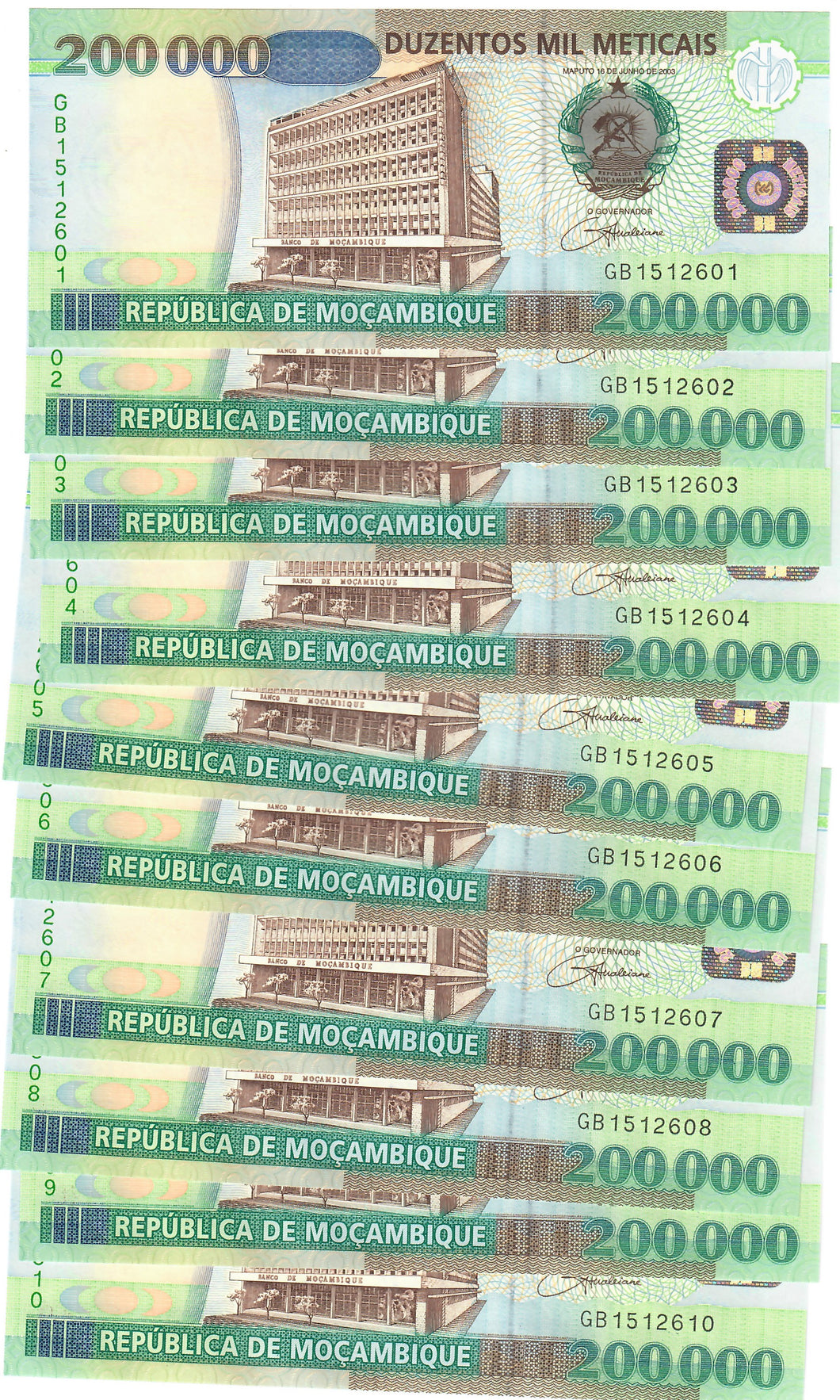 Mozambique 10x 200000 Meticais 2003 UNC