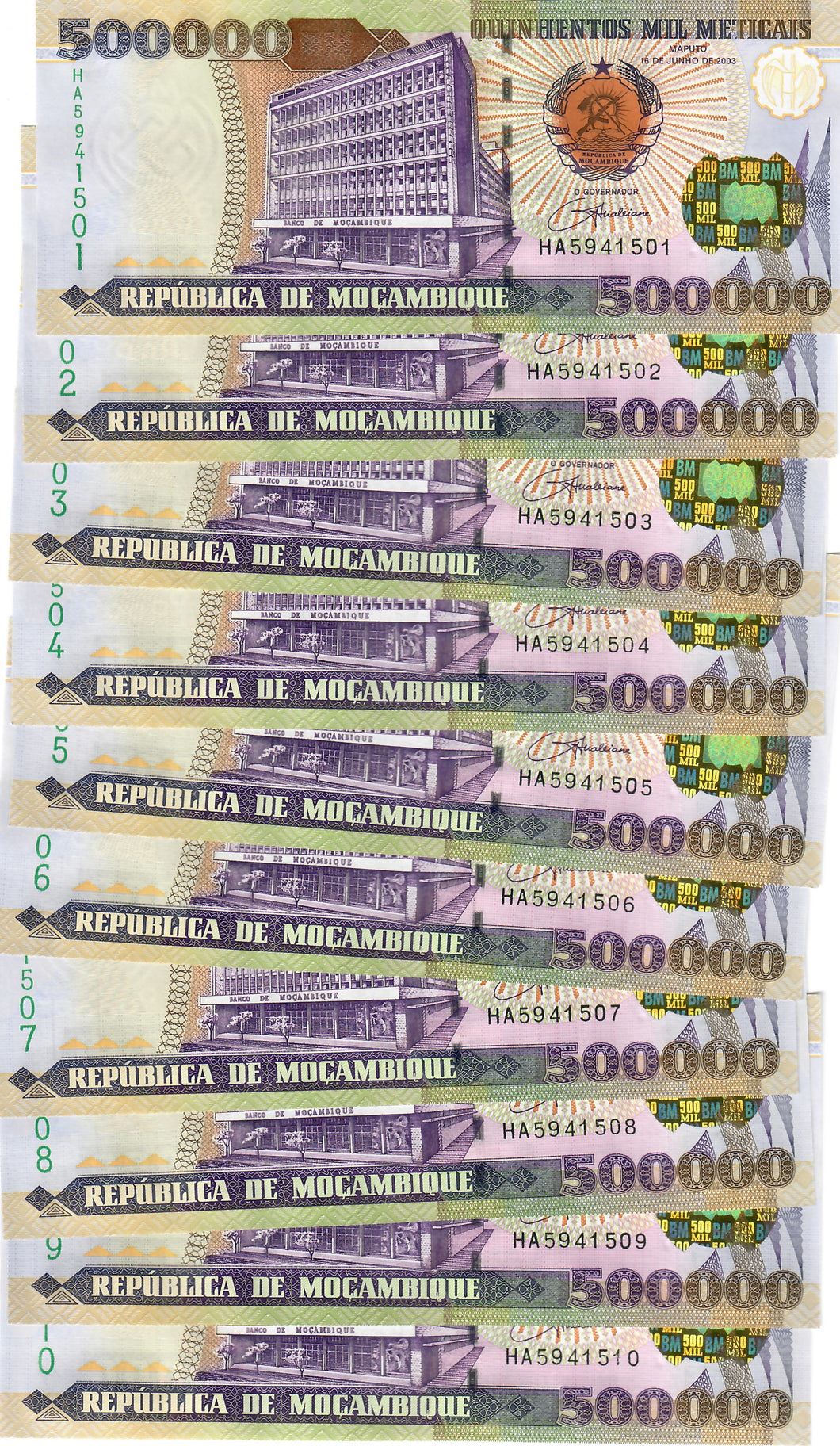 Mozambique 10x 500000 Meticais 2003 UNC