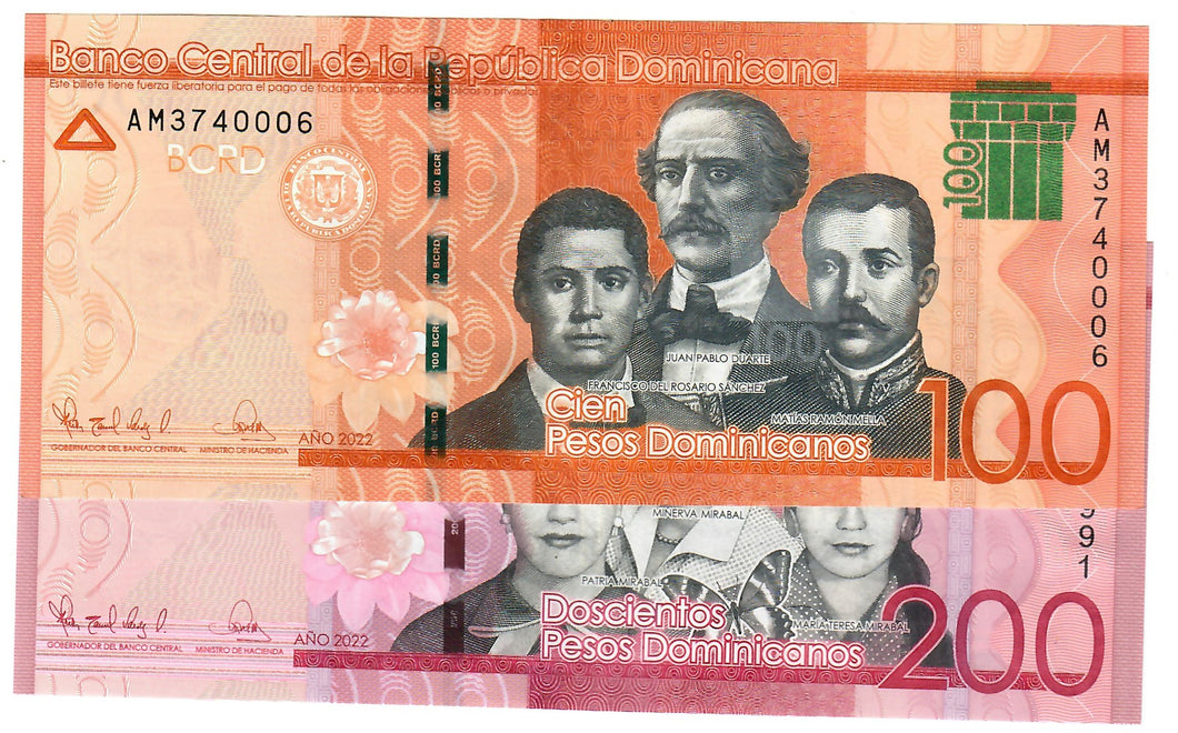 SET Dominican Republic 100 & 200 Pesos 2022 UNC
