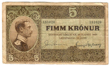 Load image into Gallery viewer, Iceland 5 Kronur 1928 F &quot;Arnason/Olafsson&quot; First Issue
