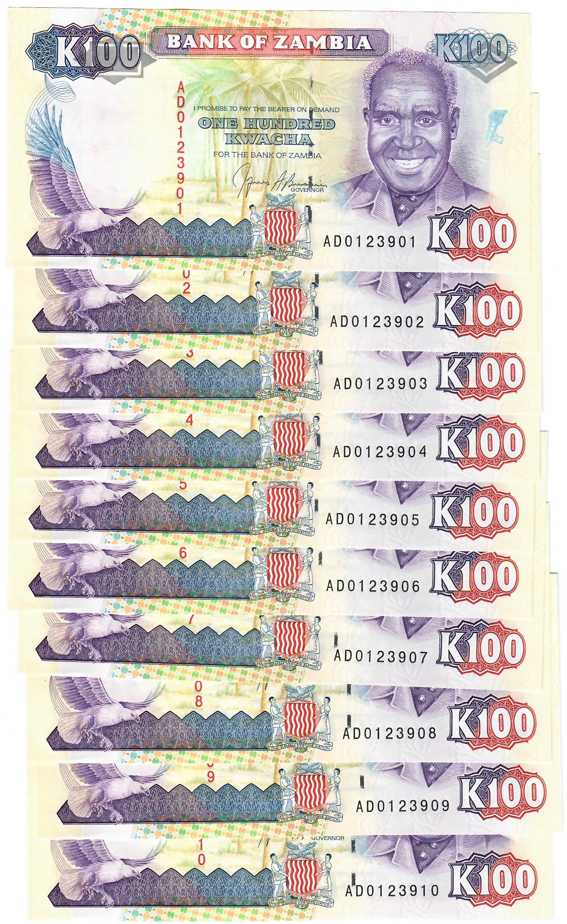 Zambia 10x 100 Kwacha 1991 UNC – Davenport-Banknotes-and-Coins