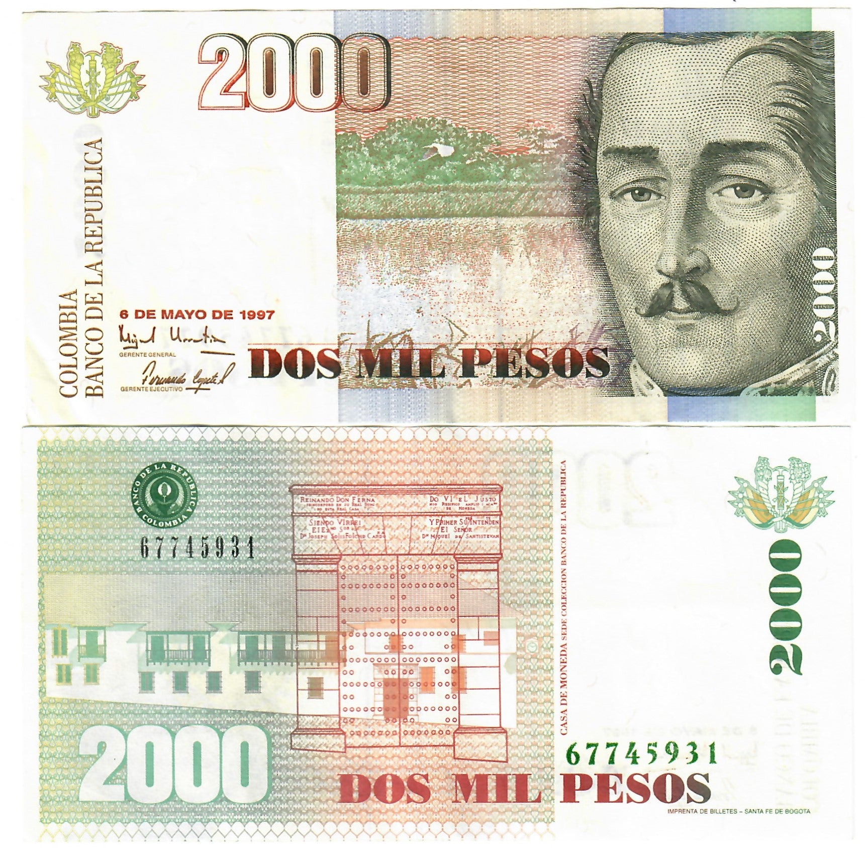 Colombia 2000 Pesos 1997 EF DavenportBanknotesandCoins