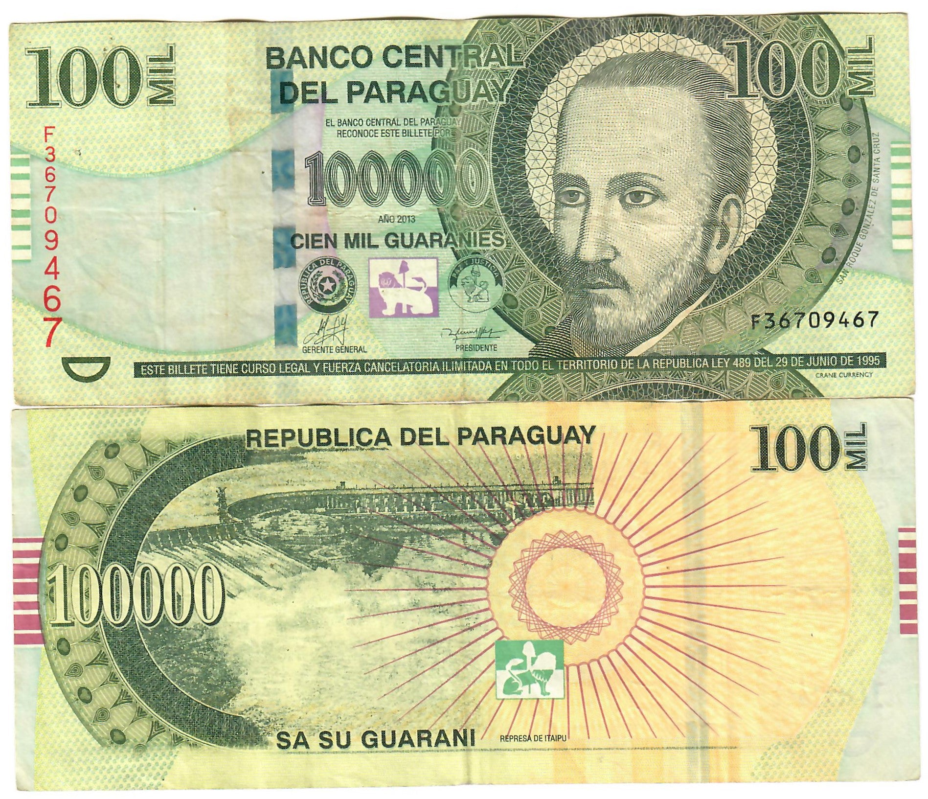 Paraguay 100000 Guaranies 2013 VF Crane DavenportBanknotesandCoins