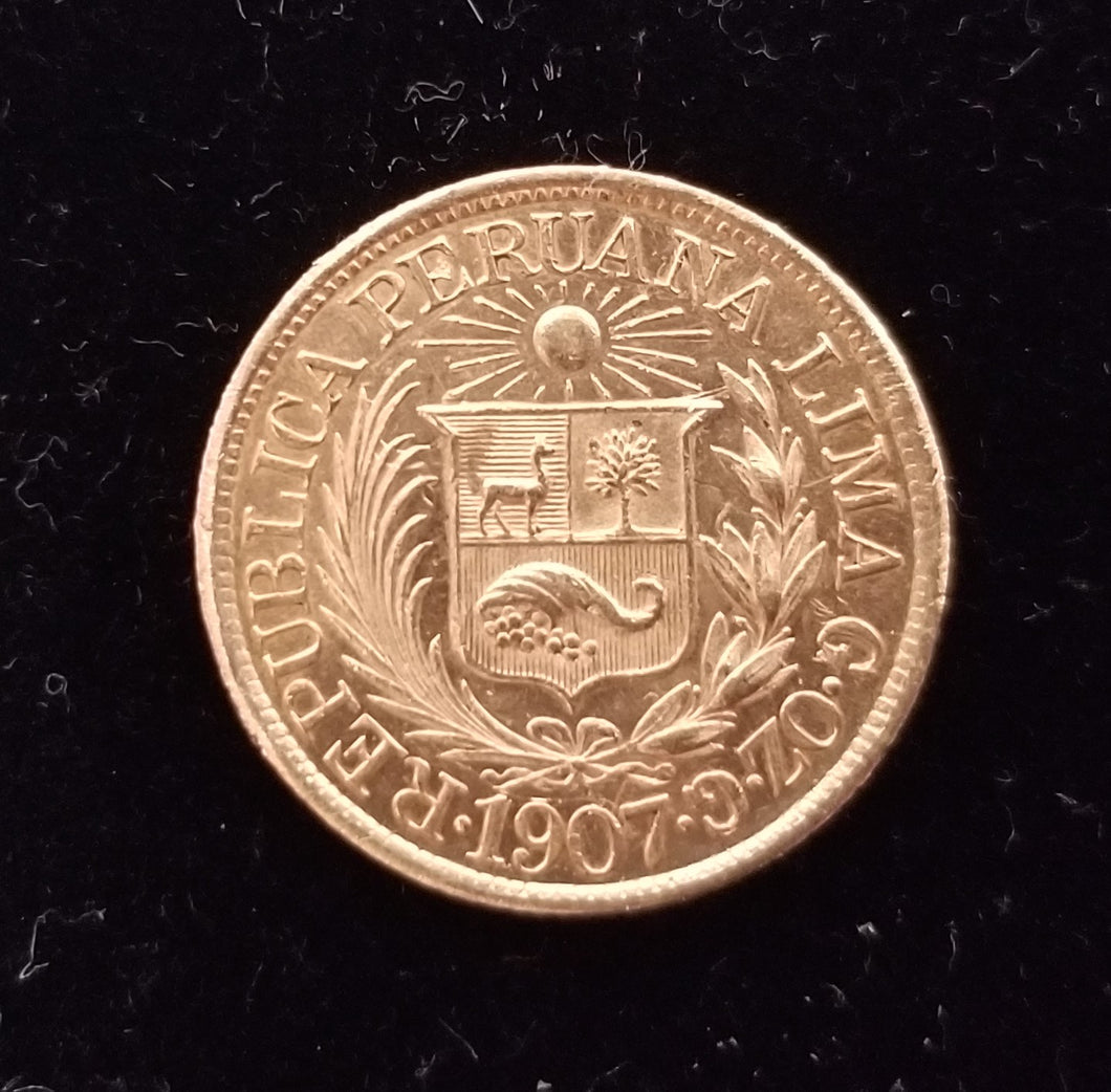 Peru 1/2 Libra 1907 91.7% Fine Gold 