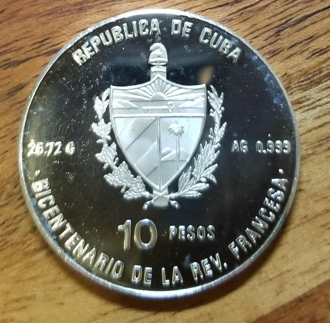 Caribbean 10 Pesos 1989 26.72g 99.9% Silver 1789-1989 Bastille