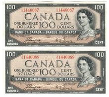 Load image into Gallery viewer, Canada 2x 100 Dollars 1954 aUNC &quot;A/J&quot; Coyne-Towers Devil&#39;s Face Sequential
