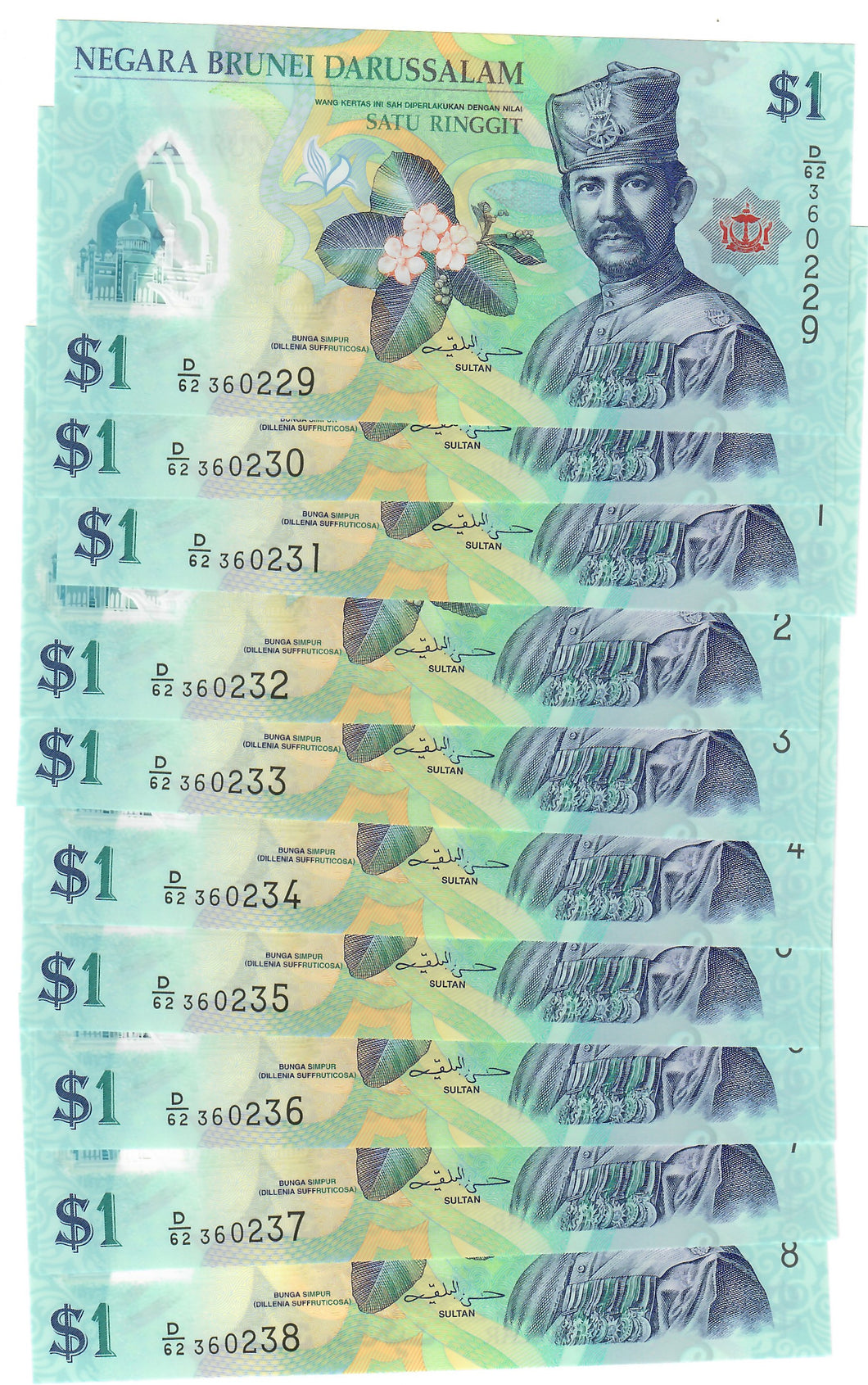 Brunei 10x 1 Dollar (Ringgit) 2019 UNC