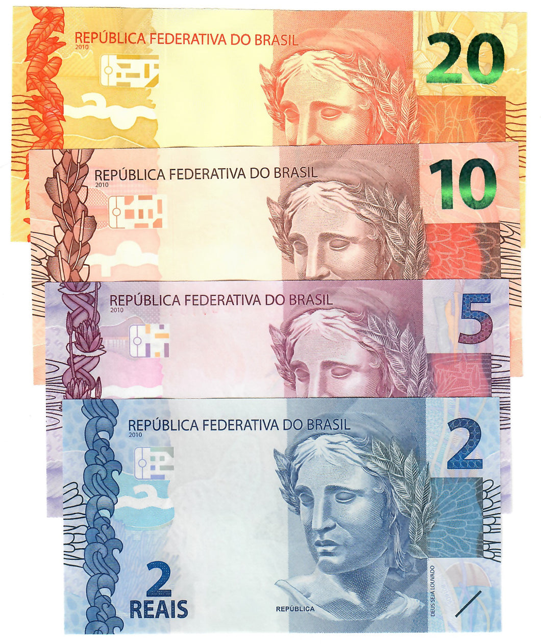 SET Brazil 2, 5, 10 & 20 Reais 2010 (2020-23) UNC