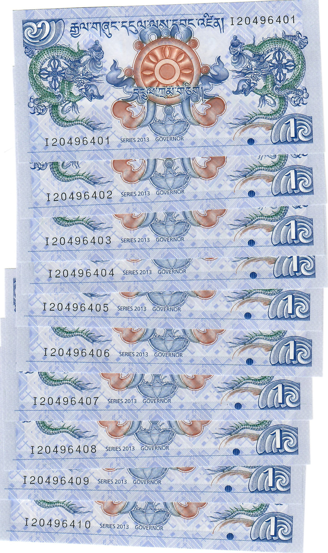 Bhutan 10x 1 Ngultrum 2013 UNC