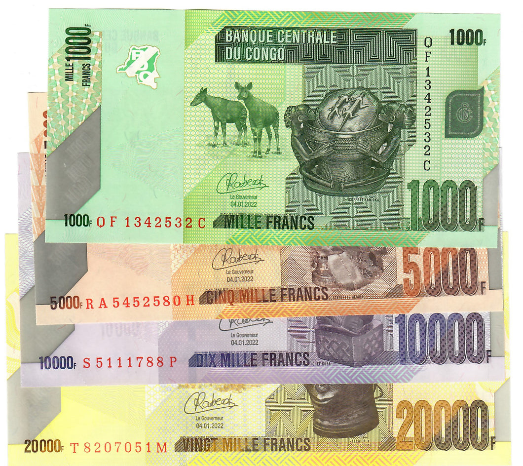 SET Democratic Republic of Congo 1000, 5000, 10000 & 20000 Francs 2022 UNC