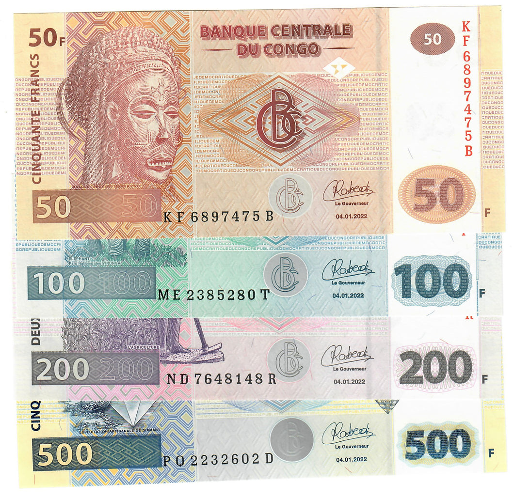 SET Democratic Republic of Congo 50, 100, 200 & 500 Francs 2022 UNC