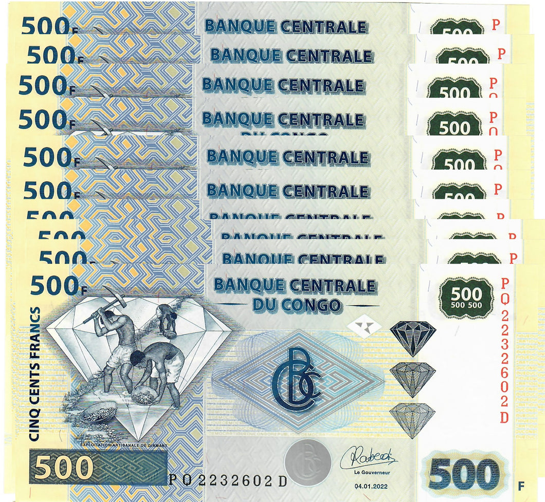 Democratic Republic of Congo 10x 500 Francs 2022 UNC (Orell)