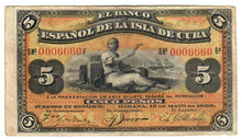 Load image into Gallery viewer, Caribbean 5 Pesos 1896 F Low Number 0006660 (no overprint)
