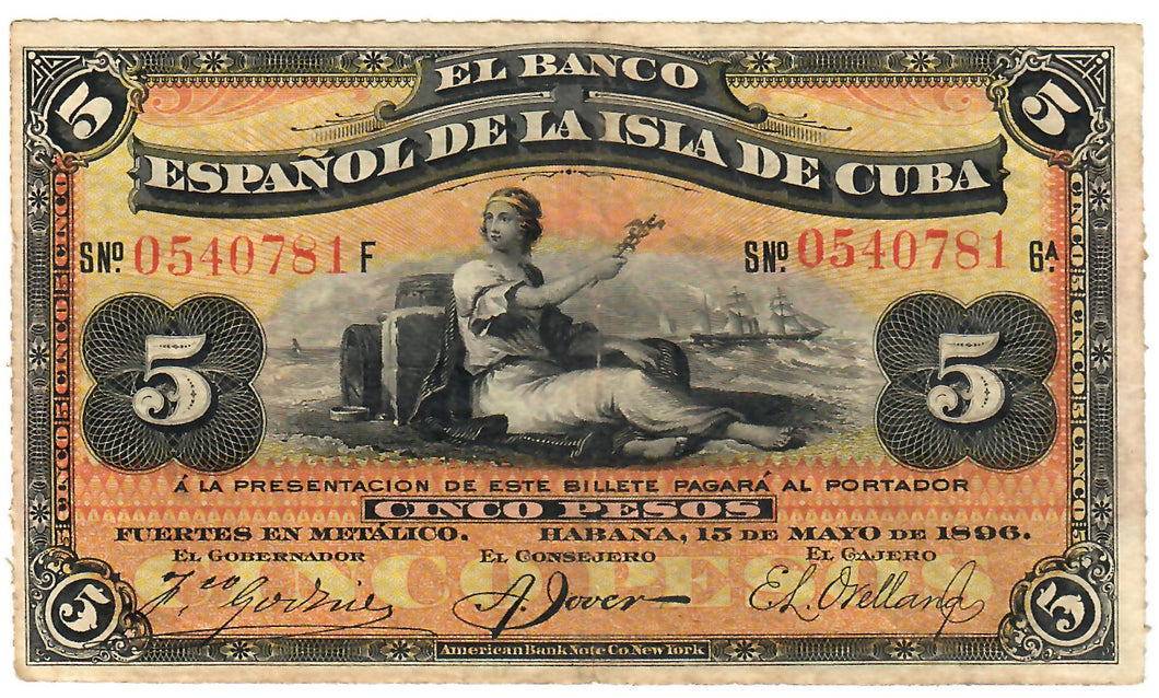 Caribbean 5 Pesos 1896 VF (PLATA overprint)