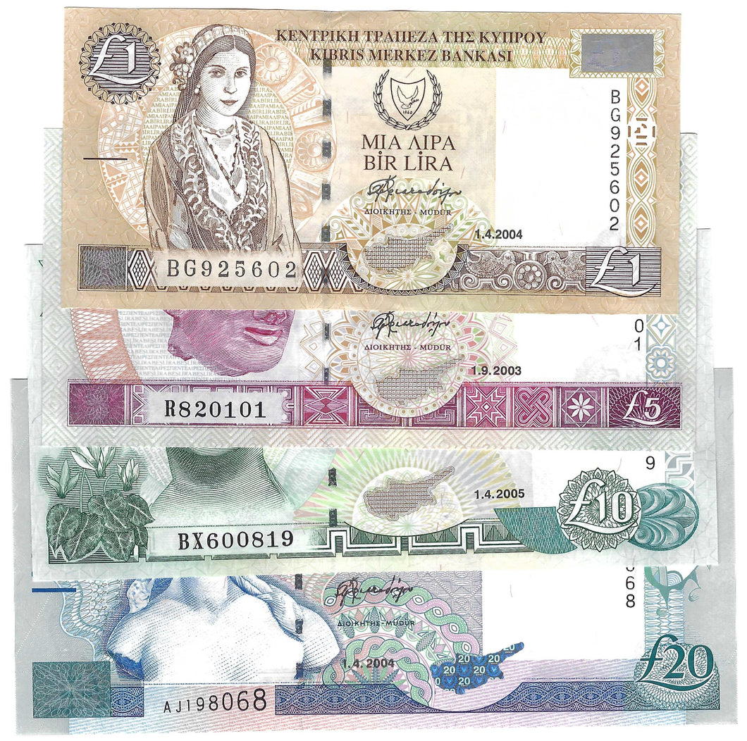 FULL SET Cyprus 1, 5, 10 & 20 Pounds 2003-05 UNC – Davenport-Banknotes ...