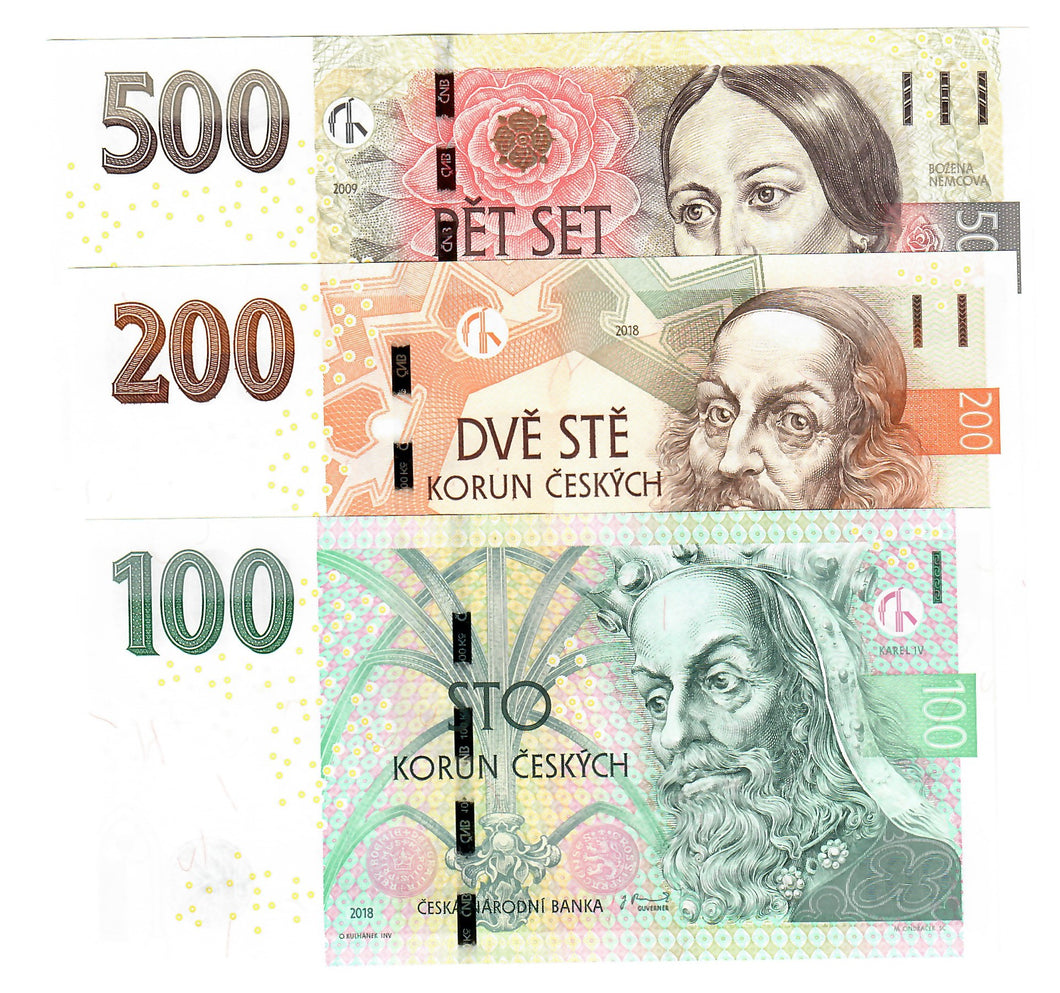 SET Czech Republic (Czechia) 100, 200 & 500 Korun 2009-2018 UNC