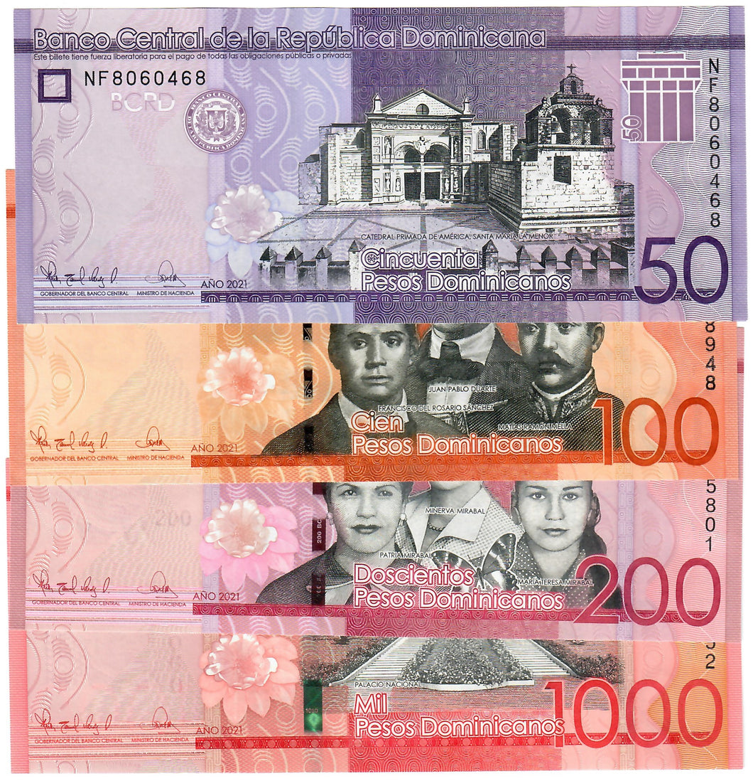 SET Dominican Republic 50, 100, 200 & 1000 Pesos 2021 UNC