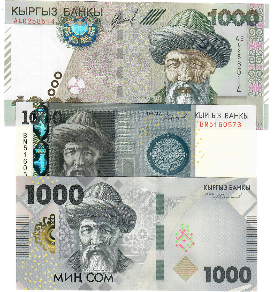 SET Kyrgyzstan 3x 1000 Som 2000, 2016 & 2023 UNC