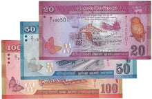 Load image into Gallery viewer, SET Sri Lanka 20, 50 &amp; 100 Rupees 2010 UNC "W/1, V/1 &amp; U/1"
