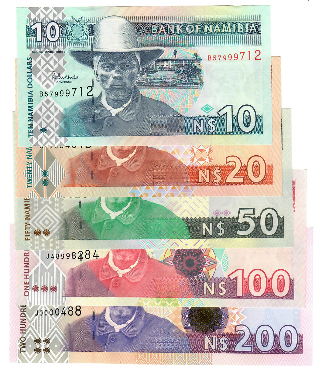 FULL SET Namibia 10, 20, 50, 100 & 200 Dollars 1996-2009 UNC