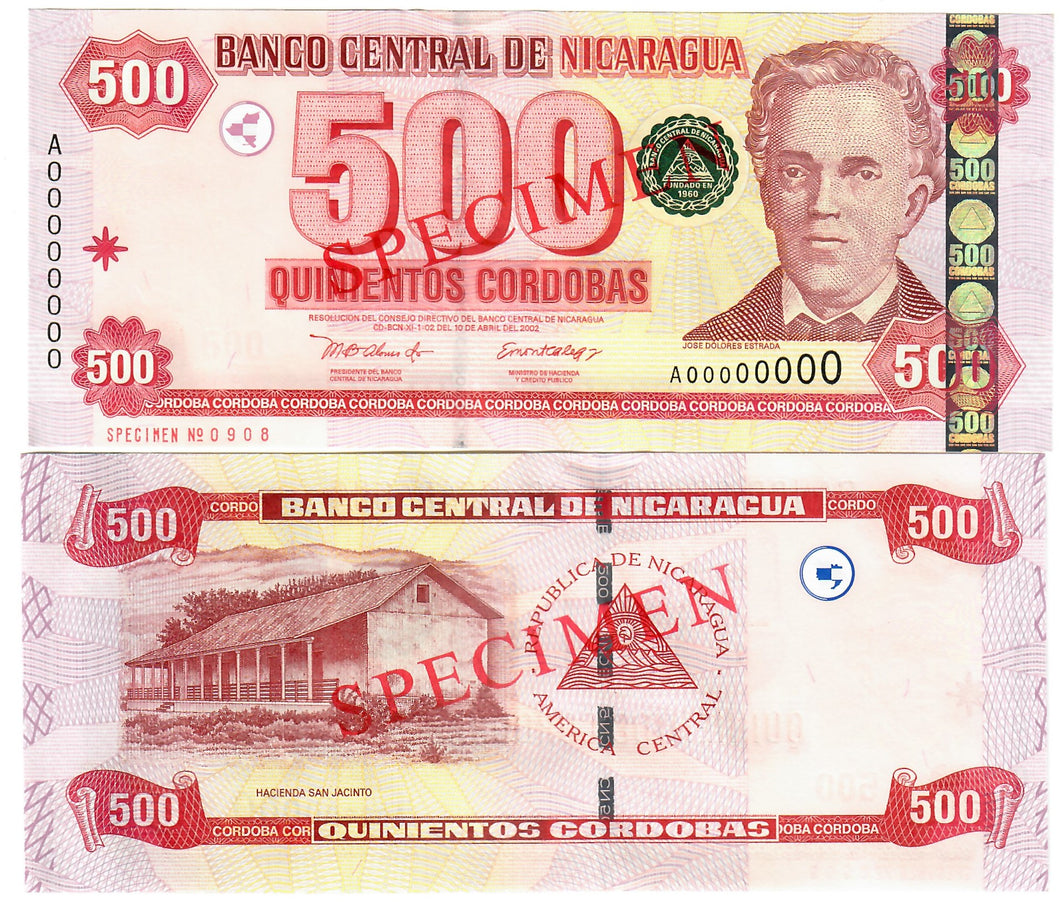 Nicaragua 500 Cordobas 2002 UNC SPECIMEN