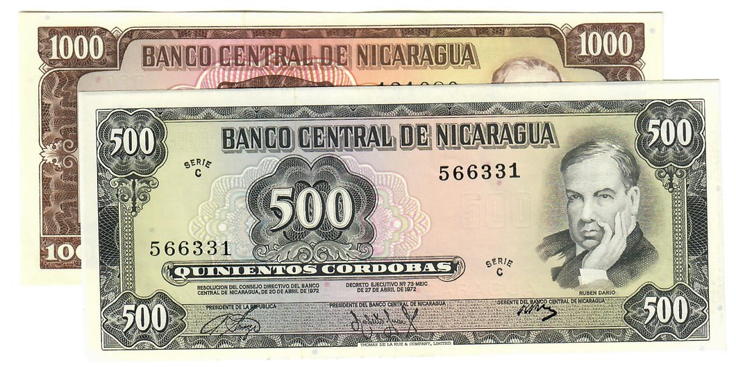 SET Nicaragua 500 & 1000 Cordobas 1972 UNC