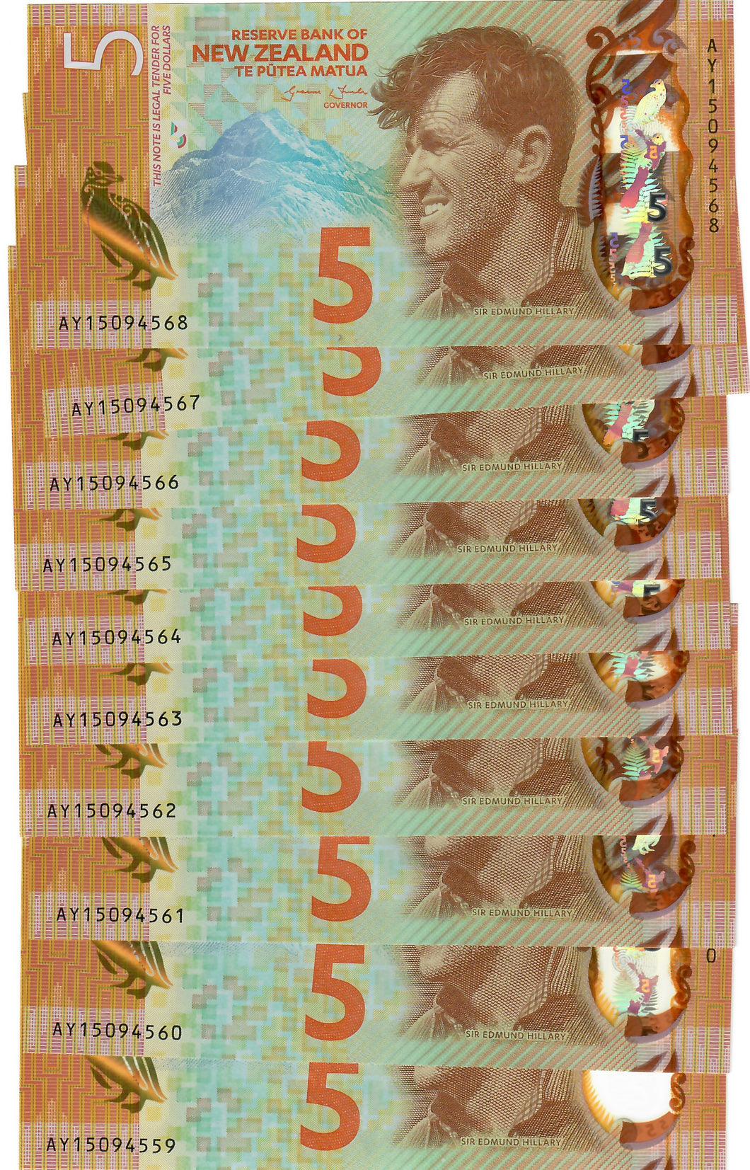 New Zealand 10x 5 Dollars 2015 UNC