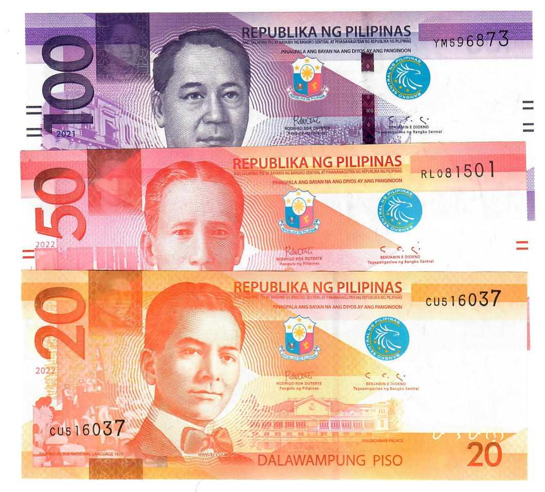 SET Philippines 20, 50 & 100 Piso 2022 UNC (blue seal 2021)