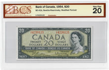 Load image into Gallery viewer, Canada 20 Dollars 1954 VF &quot;V/E&quot; Beattie-Rasminsky BCS Graded VF 20
