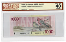 Load image into Gallery viewer, Canada 1000 Dollars 1988 EF &quot;EKX&quot; Bonin-Thiessen BCS Graded EF 40 Replacement
