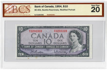 Load image into Gallery viewer, Canada 10 Dollars 1954 VF &quot;N/V&quot; Beattie-Rasminsky BCS Graded VF 20
