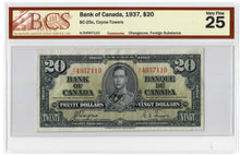 Load image into Gallery viewer, Canada 20 Dollars 1937 VF &quot;H/E&quot; Coyne-Towers BCS Graded VF 25
