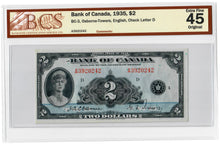 Load image into Gallery viewer, Canada 2 Dollars 1935 EF &quot;A&quot; Osbourne-Towers BCS Graded EF 45 Original
