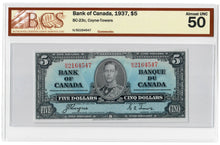 Load image into Gallery viewer, Canada 5 Dollars 1937 aUNC &quot;H/S&quot; Coyne-Towers BCS Graded aUNC 50
