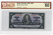 Load image into Gallery viewer, Canada 10 Dollars 1937 aUNC &quot;A/D&quot; Osbourne-Towers BCS Graded aUNC 50
