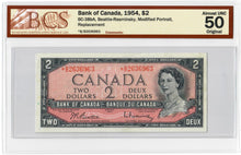 Load image into Gallery viewer, Canada 2 Dollars 1954 aUNC &quot; *B/B&quot; Beattie-Rasminsky BCS Graded 50 Replacement

