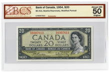 Load image into Gallery viewer, Canada 20 Dollars 1954 aUNC &quot;E/W&quot; Beattie-Rasminsky BCS Graded aUNC 50 Original
