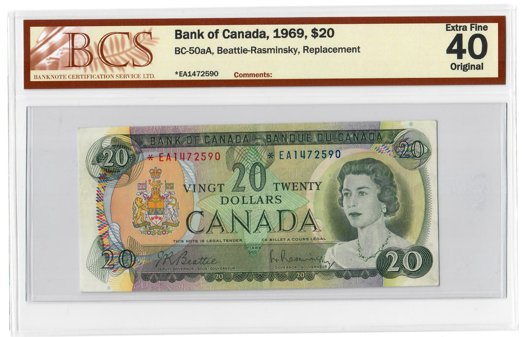 Canada 20 Dollars 1969 EF [*EA] Beattie-Rasminsky BCS Graded EF 40 Original