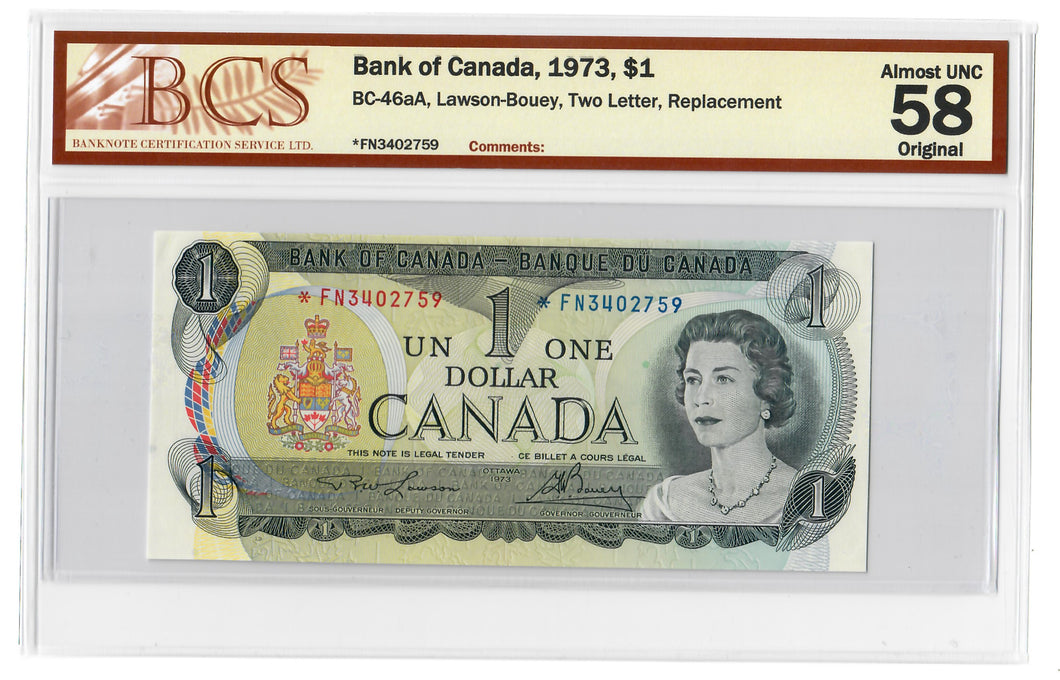 Canada 1 Dollar 1973 aUNC [ *FN] Lawson-Bouey BCS Graded aUNC 58 Replacement