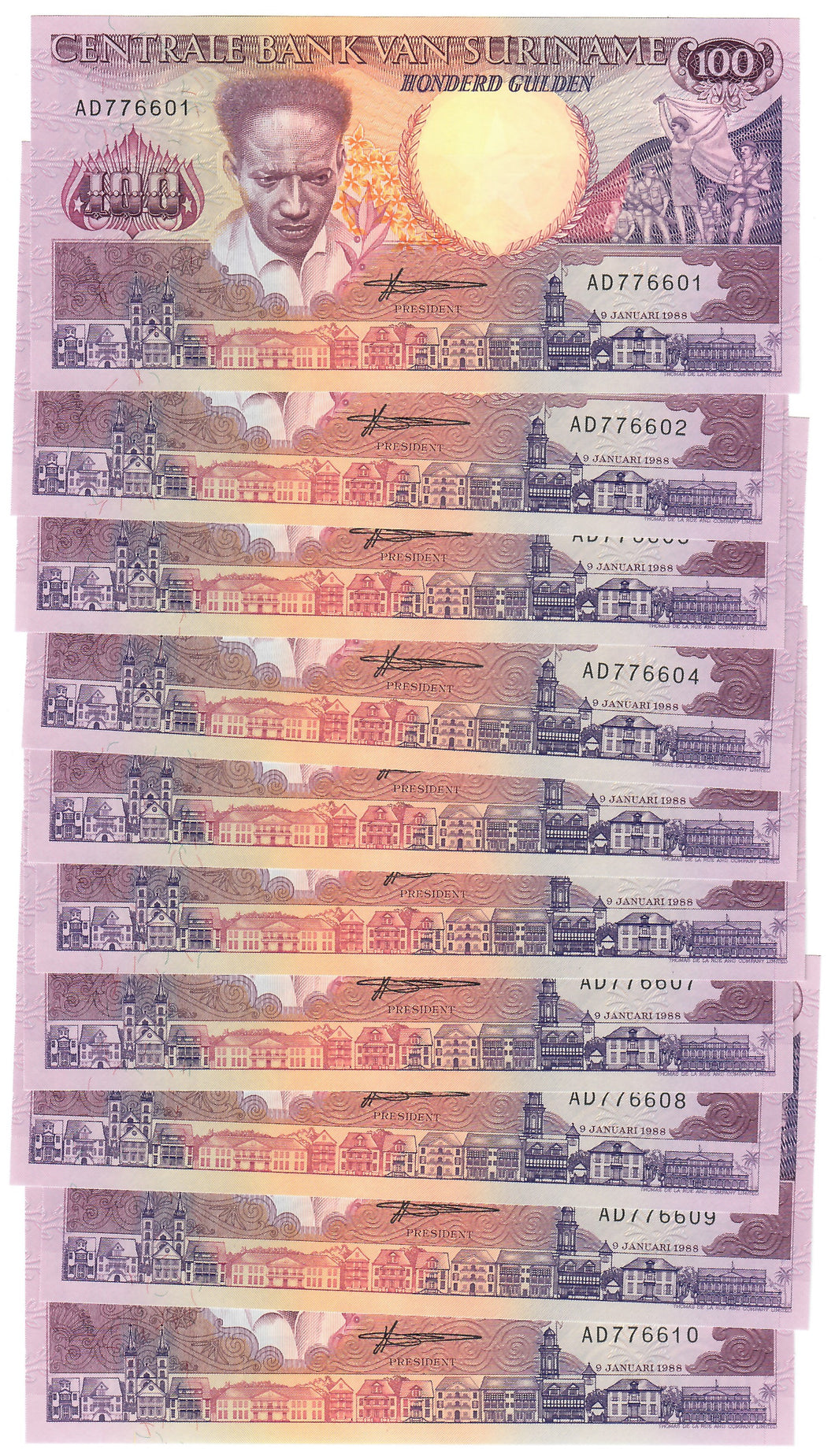 Suriname 10x 100 Gulden (Guilders) 1988 UNC