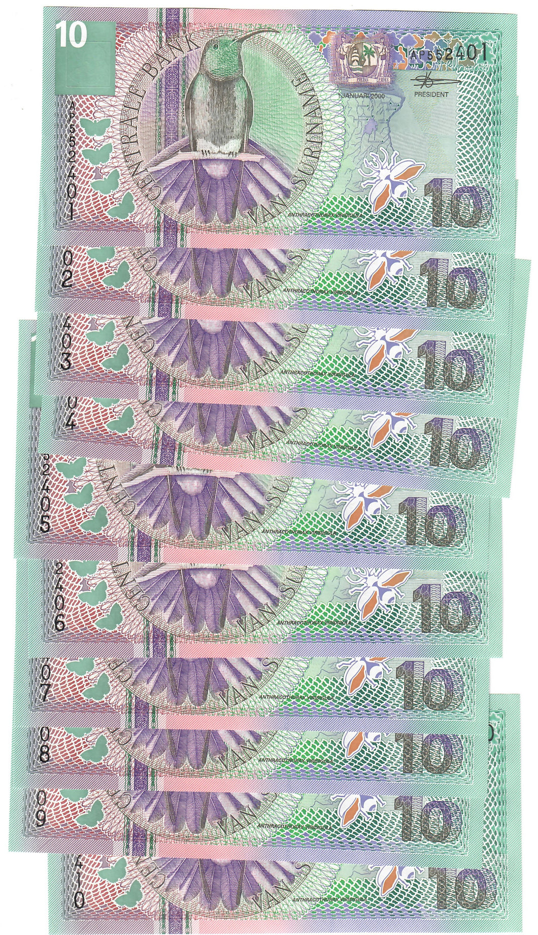 Suriname 10x 10 Gulden (Guilders) 2000 UNC