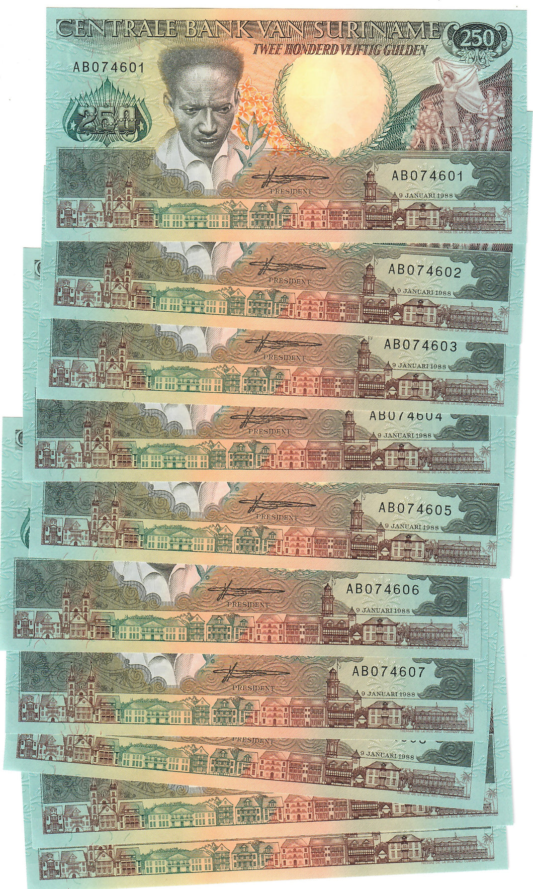 Suriname 10x 250 Gulden (Guilders) 1988 UNC