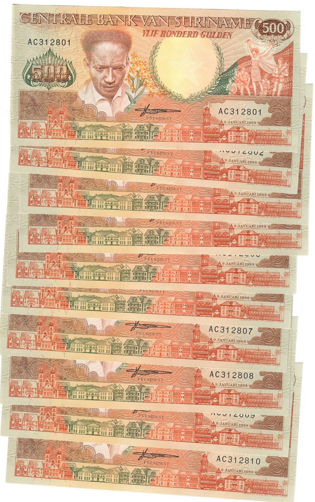 Suriname 10x 500 Gulden (Guilders) 1988 UNC