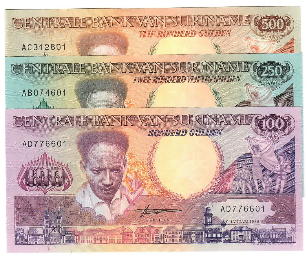 SET Suriname 100. 250 & 500 Gulden (Guilders) 1988 UNC