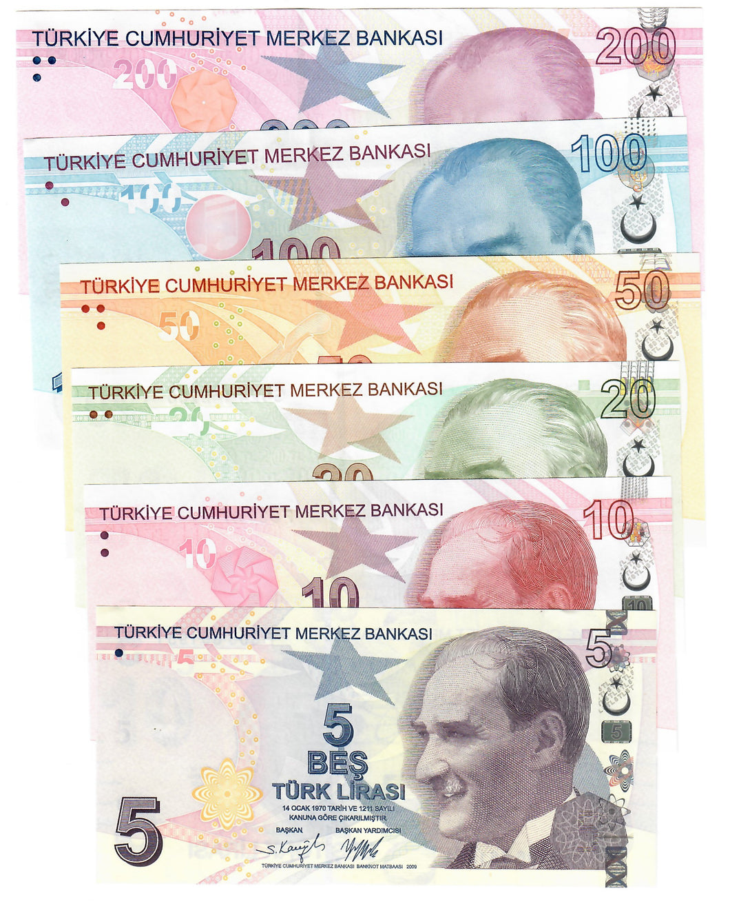 FULL SET Turkey (Turkiye) 5, 10, 20, 50, 100 & 200 Lira 2009 UNC