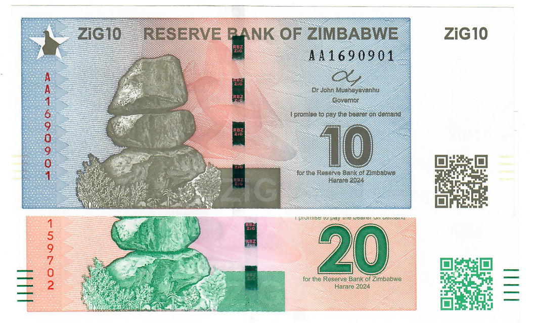 SET Zimbabwe 10 & 20 ZiG Gold Dollars 2024 UNC 