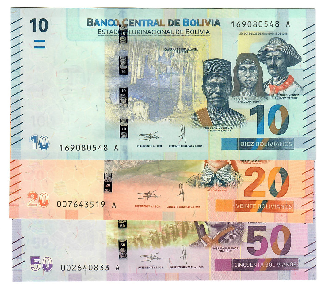 SET Bolivia 10, 20 & 50 Bolivianos 2018 UNC